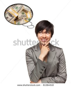 stock-photo-beautiful-multiethnic-woman-with-thought-bubbles-of-money-stacks-isolated-on-a-white-background-61384510